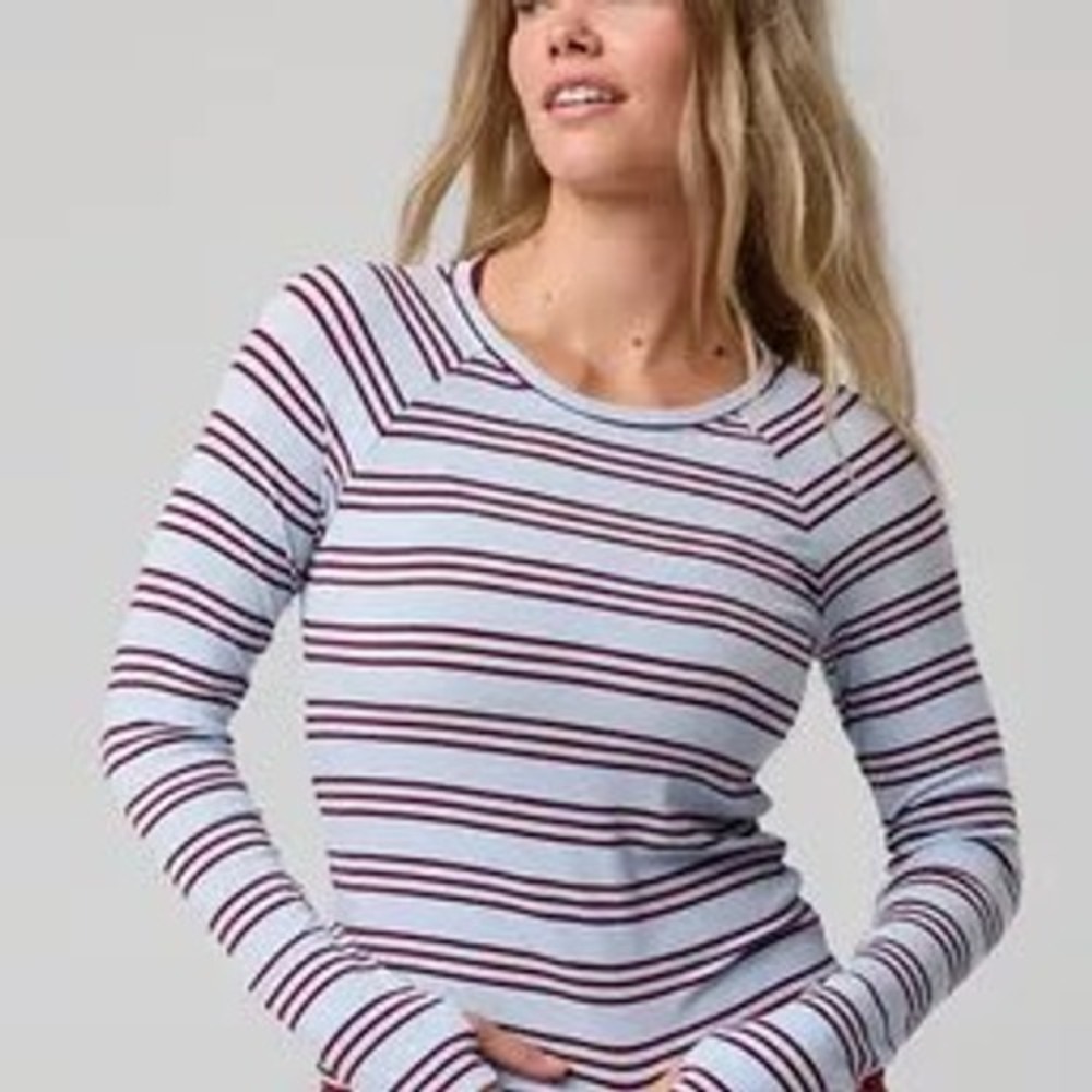 OFFLINE by Aerie Womens Striped Ribbed Long Sleeve Raglan Top Blue Burgundy S